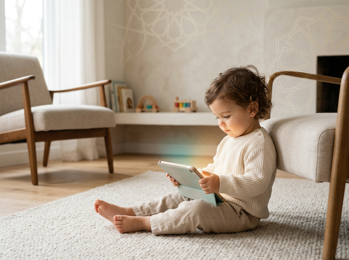 A toddler in a calm, serene home environment, illustrating the concept of Sakinah (tranquility) and protected Fitra during digital learning.
