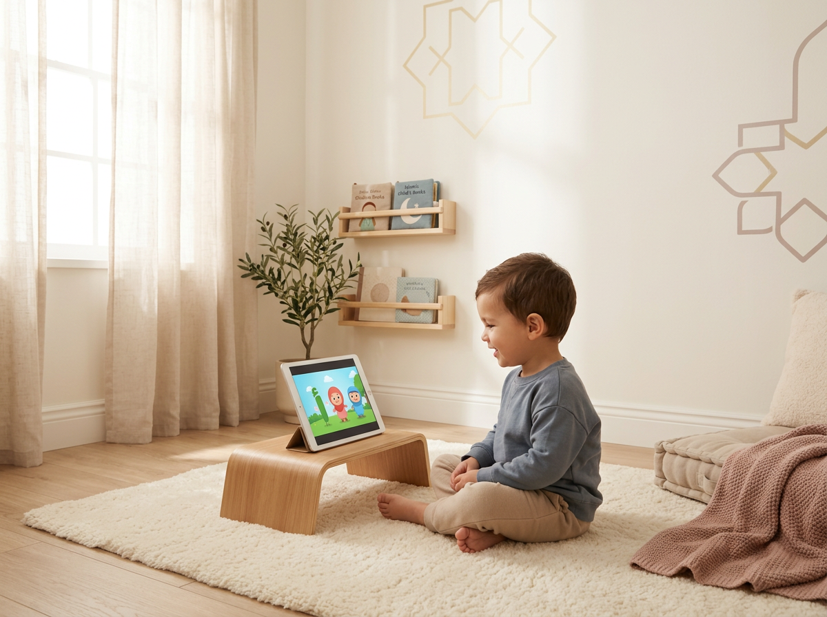 A serene and peaceful scene of a toddler engaging in safe, ad-free screen time in a minimalist home environment.