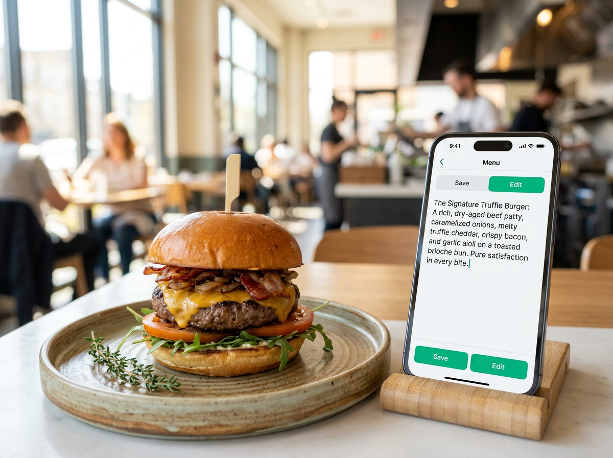 A gourmet cheeseburger next to a smartphone displaying a persuasive digital menu description.