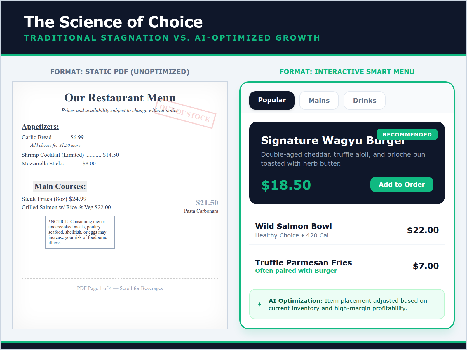 Comparison table contrasting a cluttered, text-only PDF menu with a high-conversion AI menu featuring clear categorization and visual highlights.