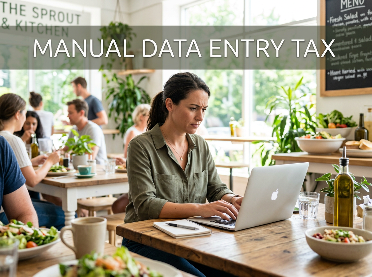 A busy restaurant owner working on a laptop, illustrating the time-consuming 'manual data entry' required by generic free design tools.