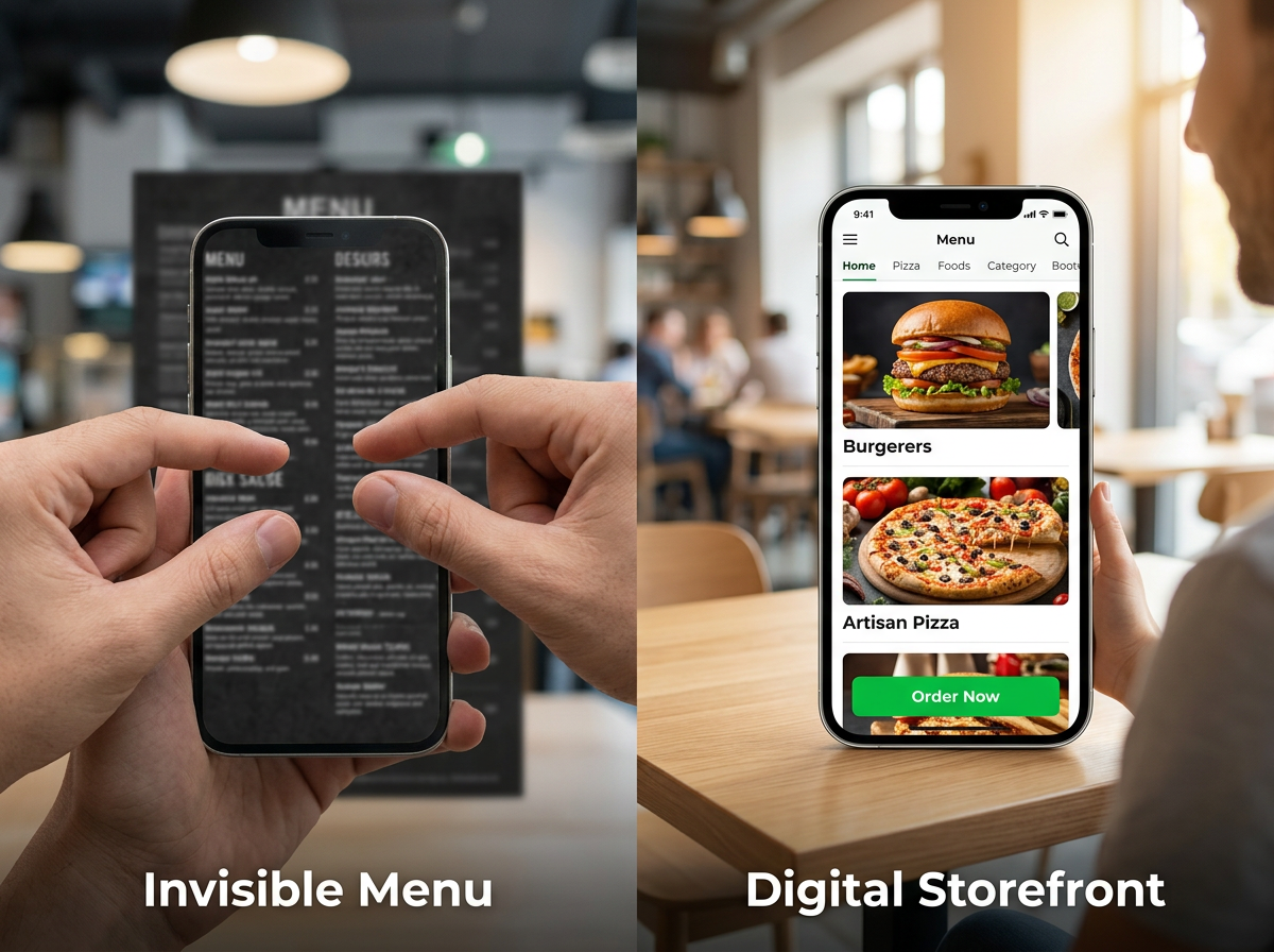 A side-by-side comparison of a frustrating mobile PDF menu experience versus a smooth, modern digital storefront.