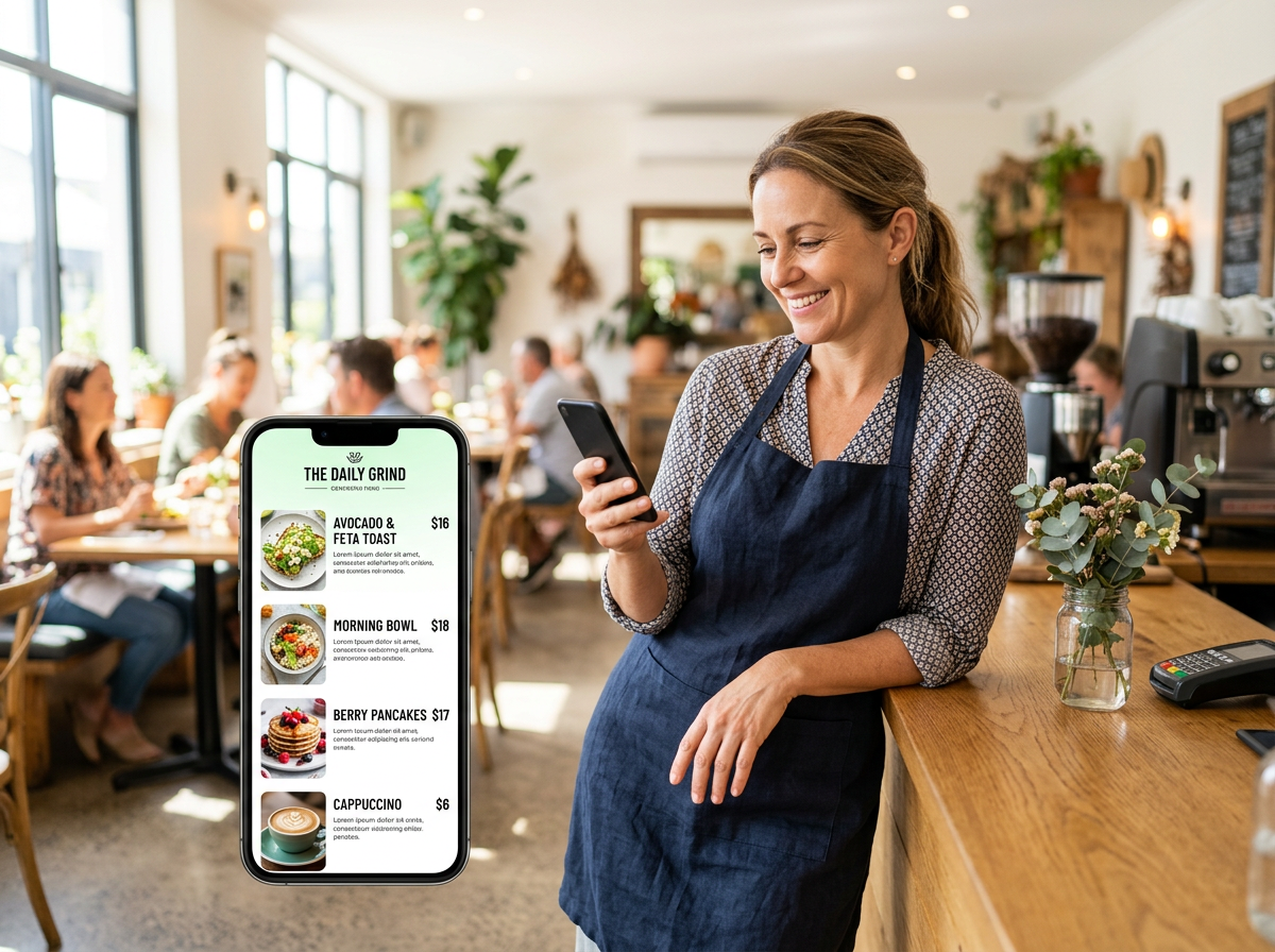 A restaurant owner successfully viewing their new AI-generated digital menu on a smartphone during a break.