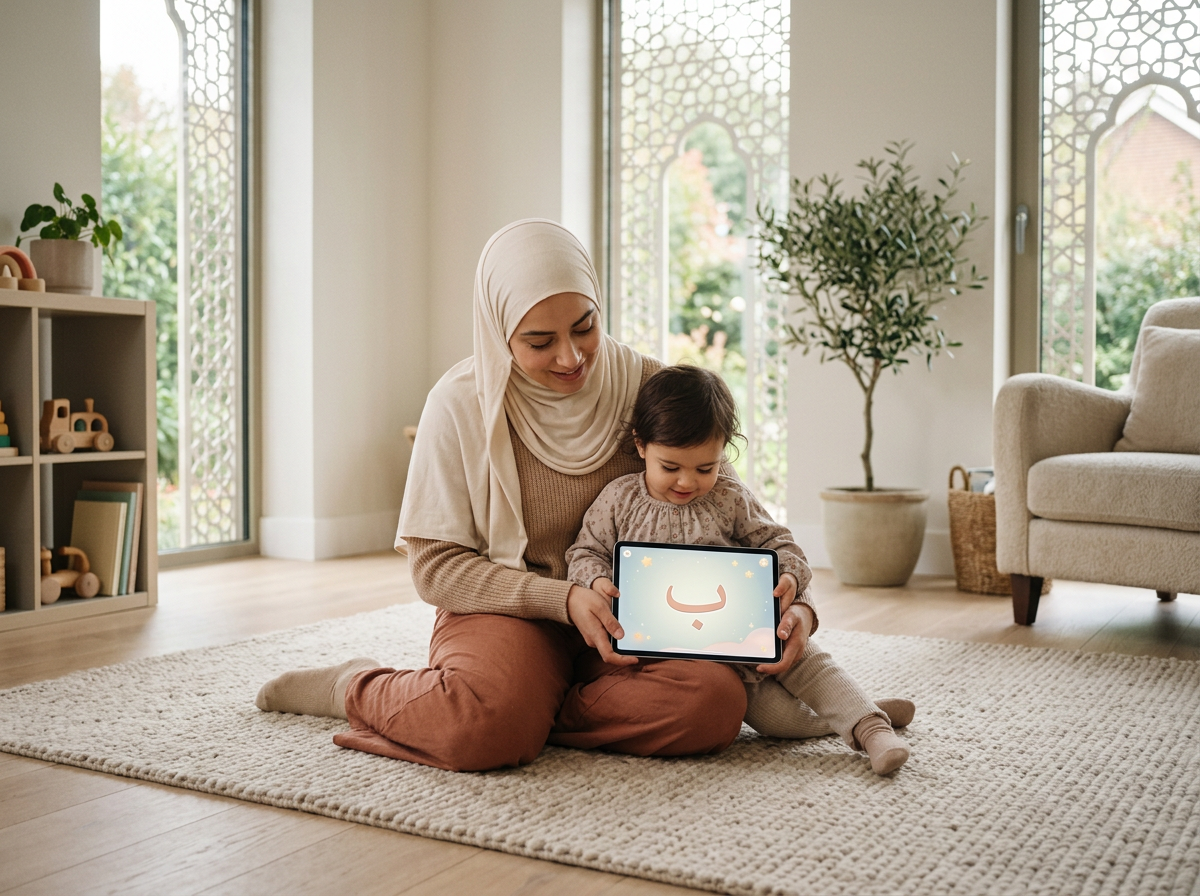 A serene home environment showing a mother and toddler peacefully engaging with educational digital content in a safe, quiet atmosphere.