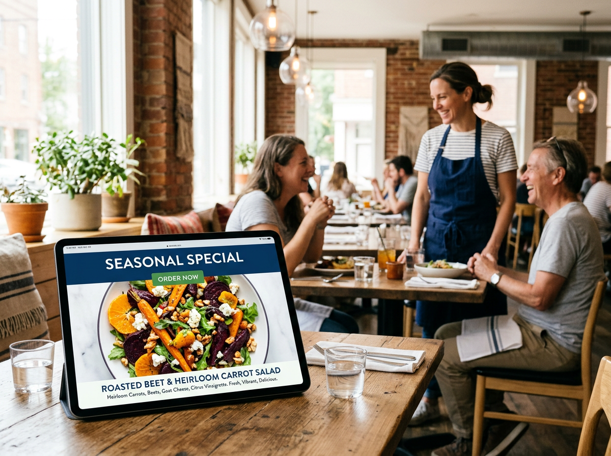 A digital menu on a tablet displaying high-quality food photography in a bustling, bright restaurant environment.