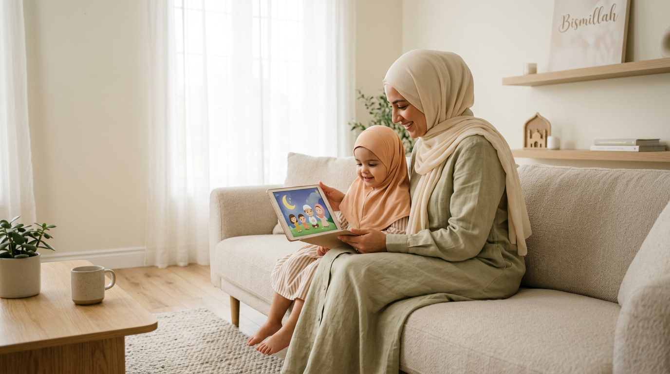 A Muslim mother and toddler sitting on a soft rug in a serene, sunlit room, engaged in a quiet and shared digital learning moment.