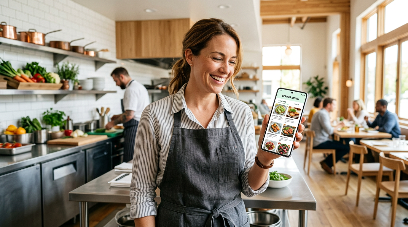 A smiling restaurant owner using an AI menu tool on a smartphone inside a bright, modern restaurant kitchen.