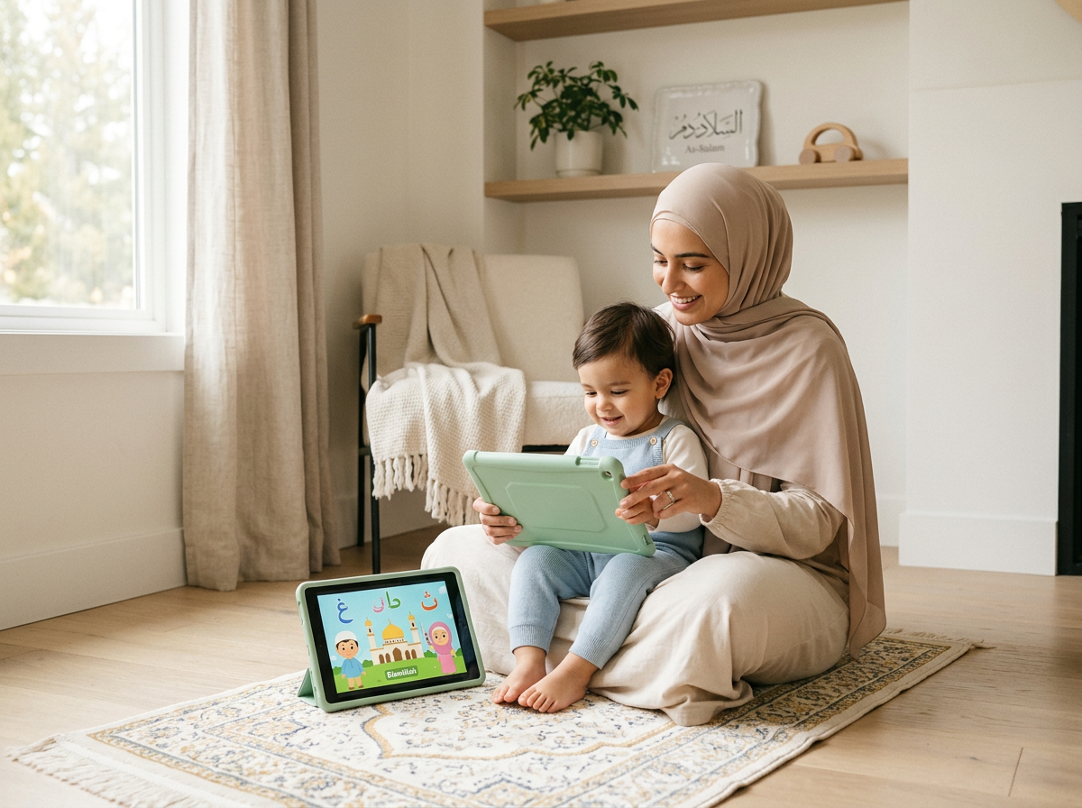 A peaceful scene of a parent and toddler sharing a safe digital educational moment in a spiritually grounded home.