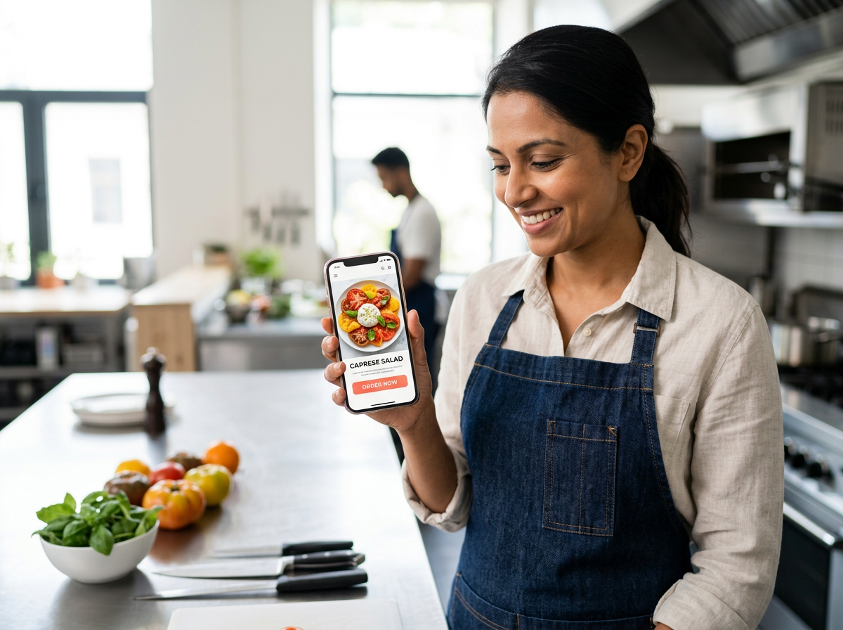 A restaurant owner happily viewing their new mobile-optimized AI website in their kitchen.