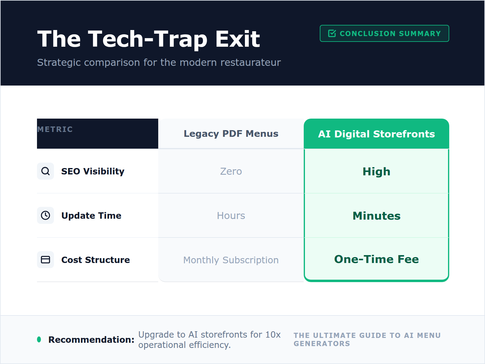 A comparison table showing how AI-powered websites outperform traditional PDF menus in SEO, speed, and cost.