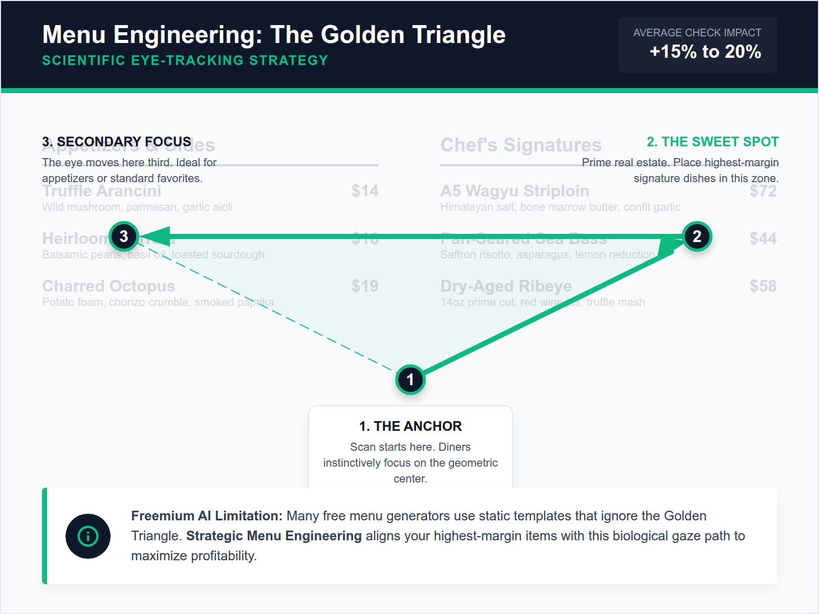A menu engineering diagram illustrating the Golden Triangle eye-tracking pattern used by restaurant customers.