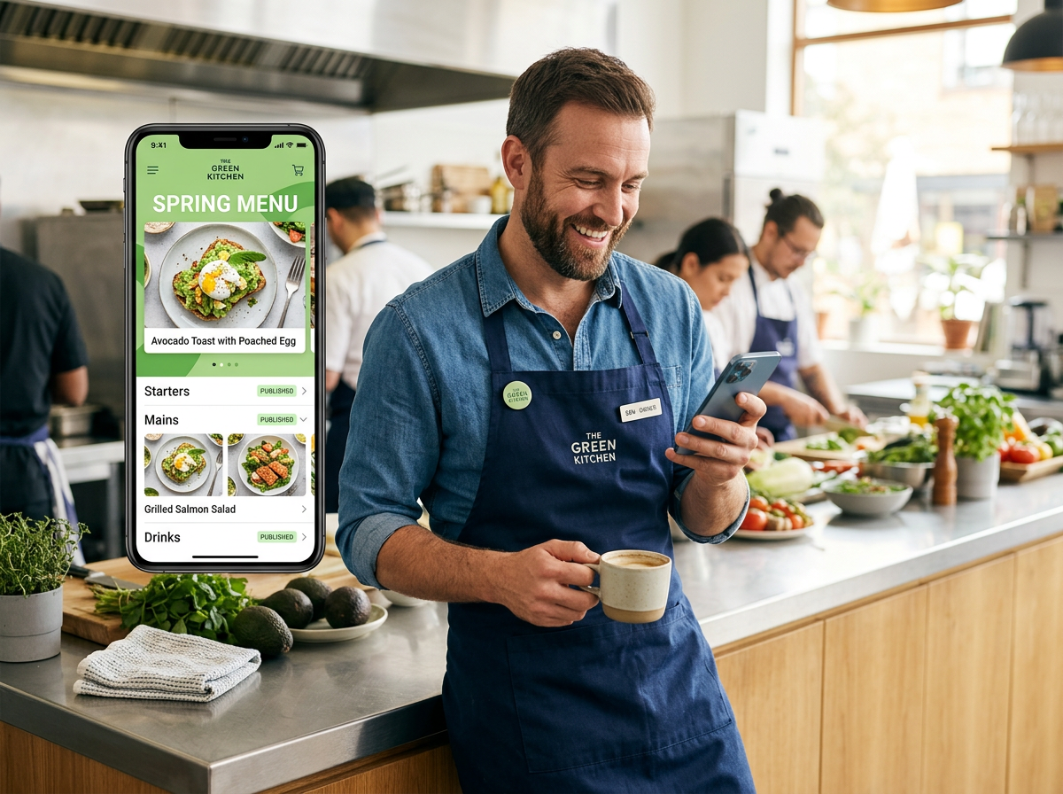 A restaurant owner successfully launching their digital menu during a quick coffee break.