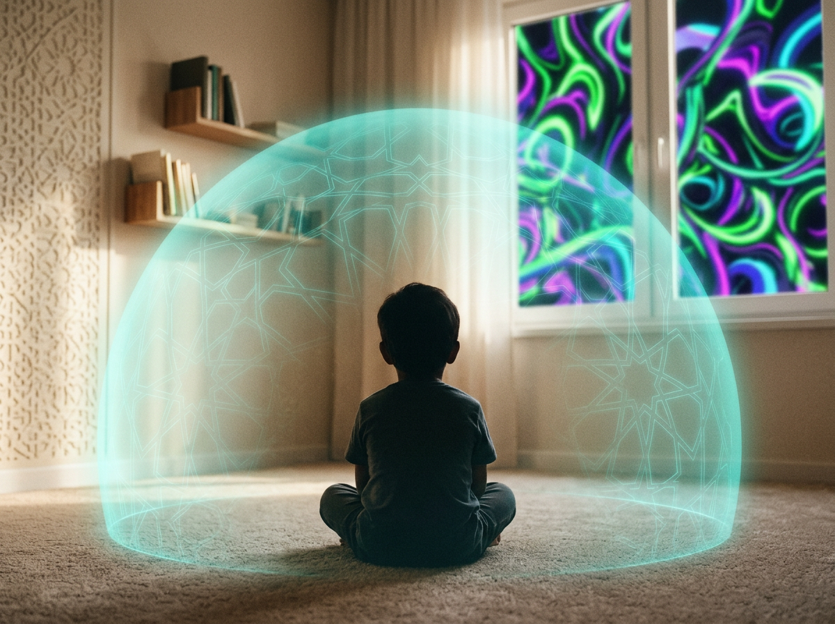 A conceptual depiction of a child's spiritual environment protected from the chaotic noise of digital advertising.