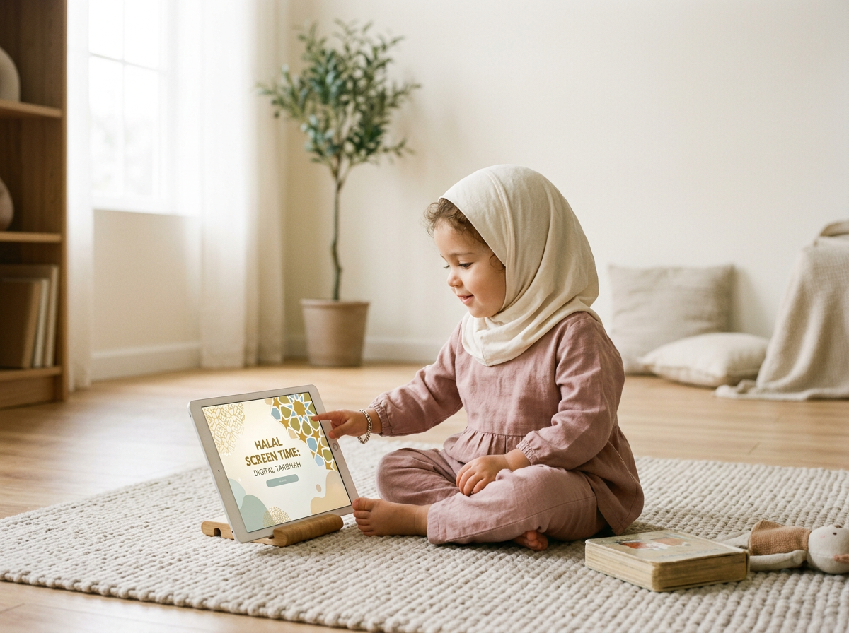 A serene, minimalist scene of a toddler engaging in wholesome digital learning, symbolizing the protection of their innate Fitra.
