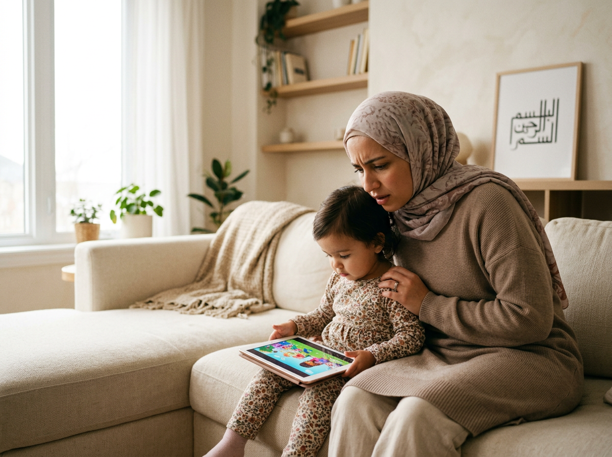 A concerned Muslim mother performing manual content vetting by checking a tablet while her child watches, illustrating parental burnout.