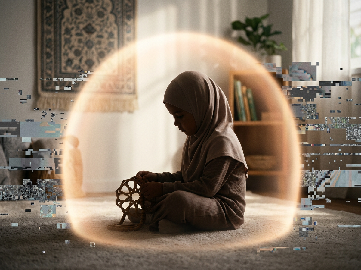 A conceptual visualization of a child's innate purity being protected from digital chaos by a warm, spiritual light.