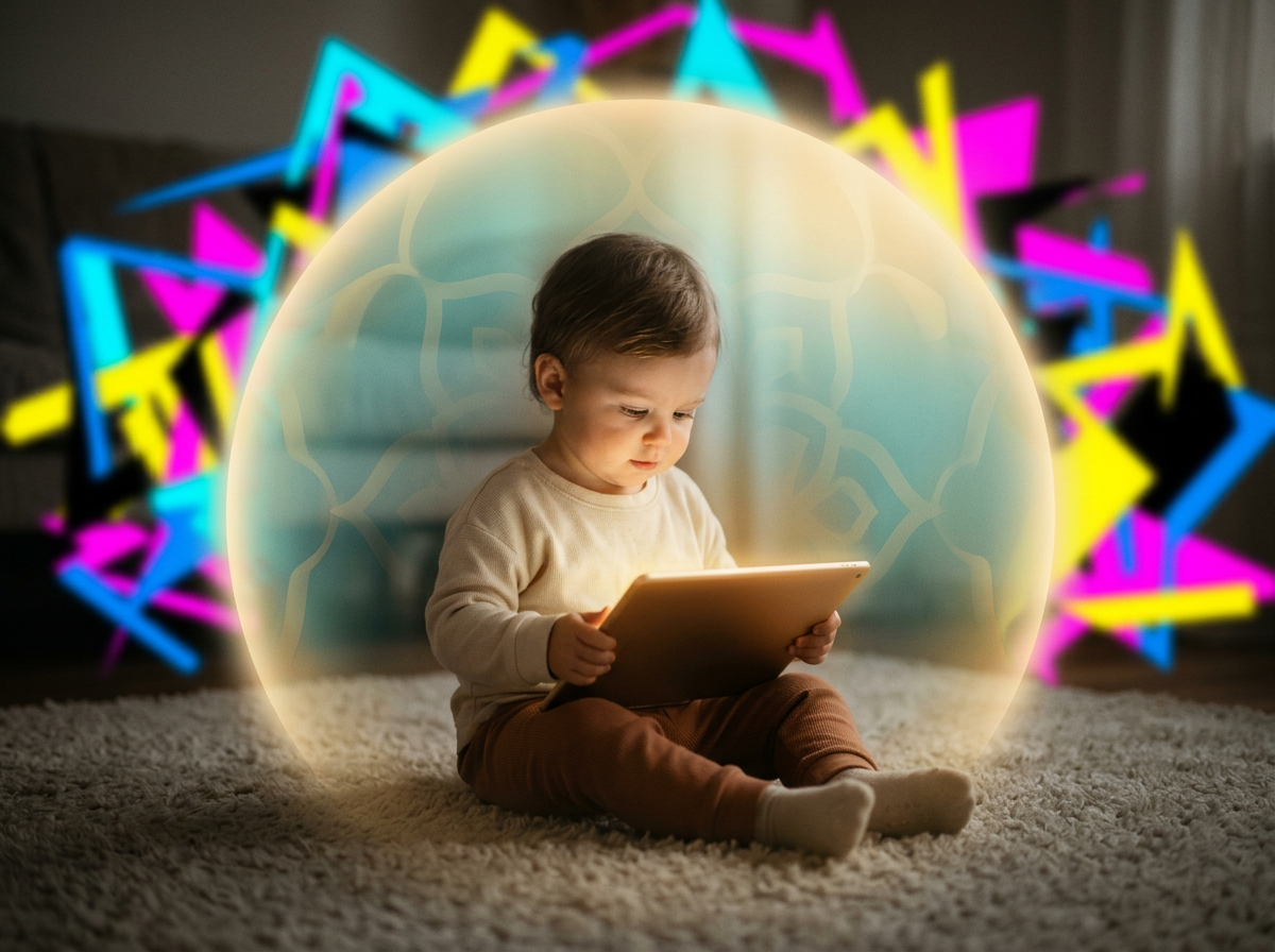 A conceptual image of a peaceful child protected within a circle of warm light, symbolizing a guarded sanctuary for their innate purity.