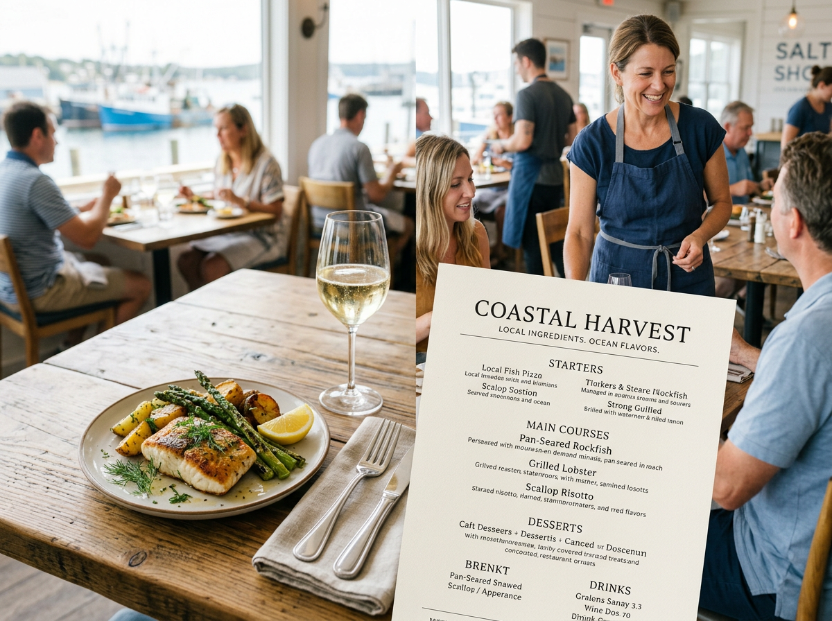 A professional photo of a minimalist digital menu showing halibut and chanterelle specials.