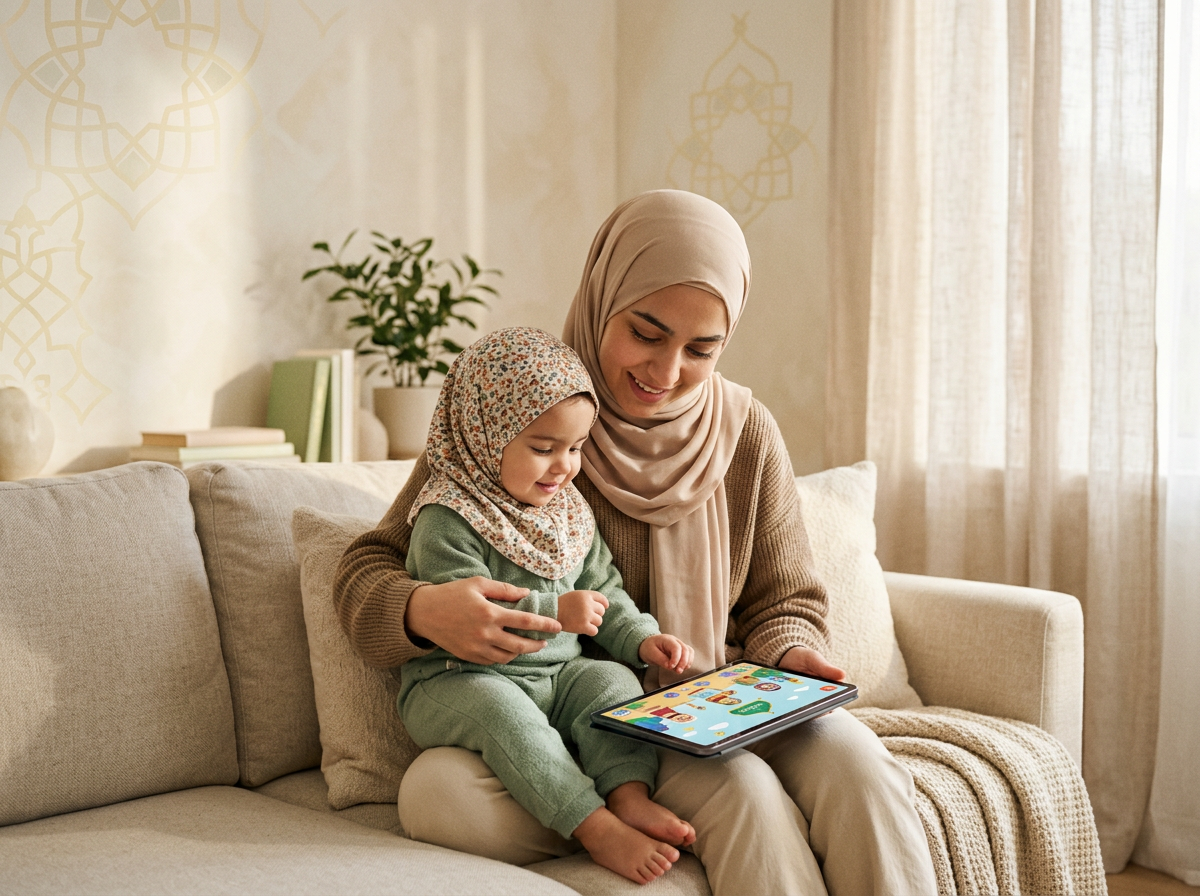 A Muslim parent and toddler engaged in co-viewing on a tablet in a warm, serene home setting, reflecting the concept of Amanah.