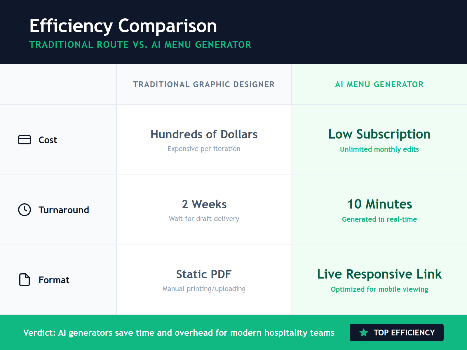 A comparison table showing that AI menu generators are significantly faster and cheaper than hiring traditional graphic designers for menu updates.