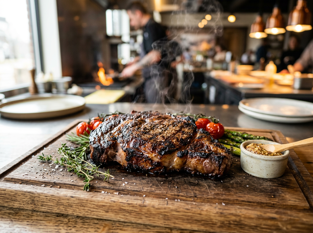 Close-up of a steaming, perfectly seared steak illustrating the 'sizzle' and sensory texture described in the text.