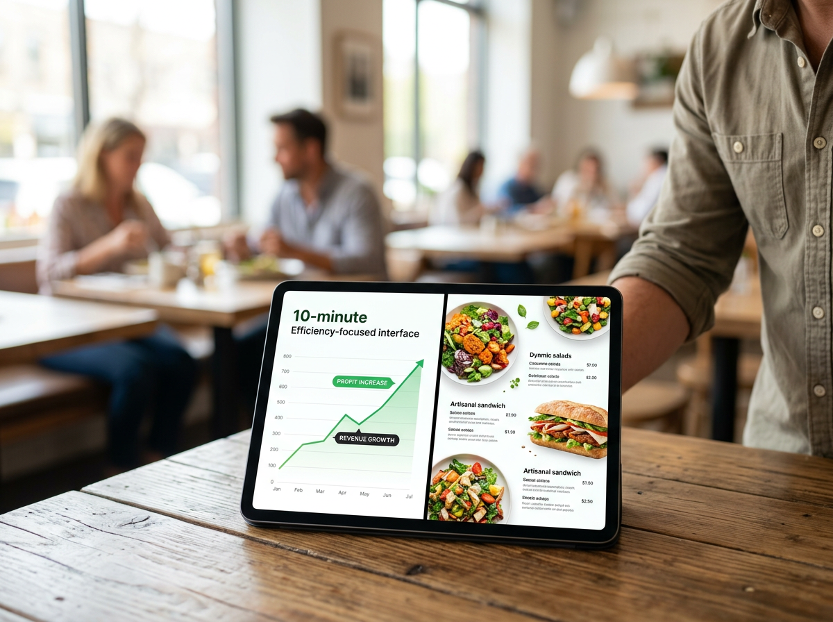 Conceptual visual of a restaurant owner using AI data to increase revenue through strategic menu placement.