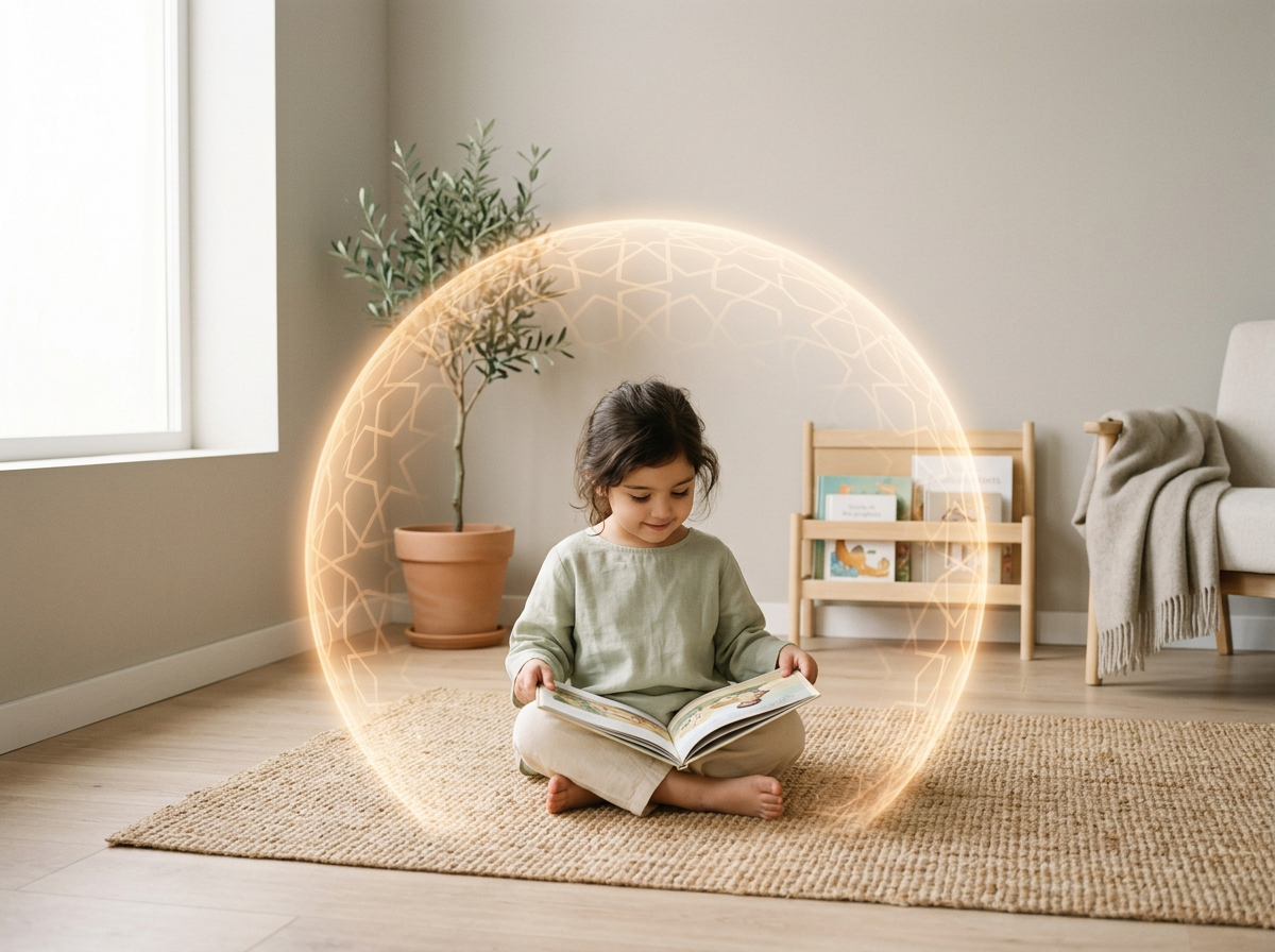 Conceptual image of a child within a glowing, protective geometric sphere symbolizing their innate spiritual state or Fitra.