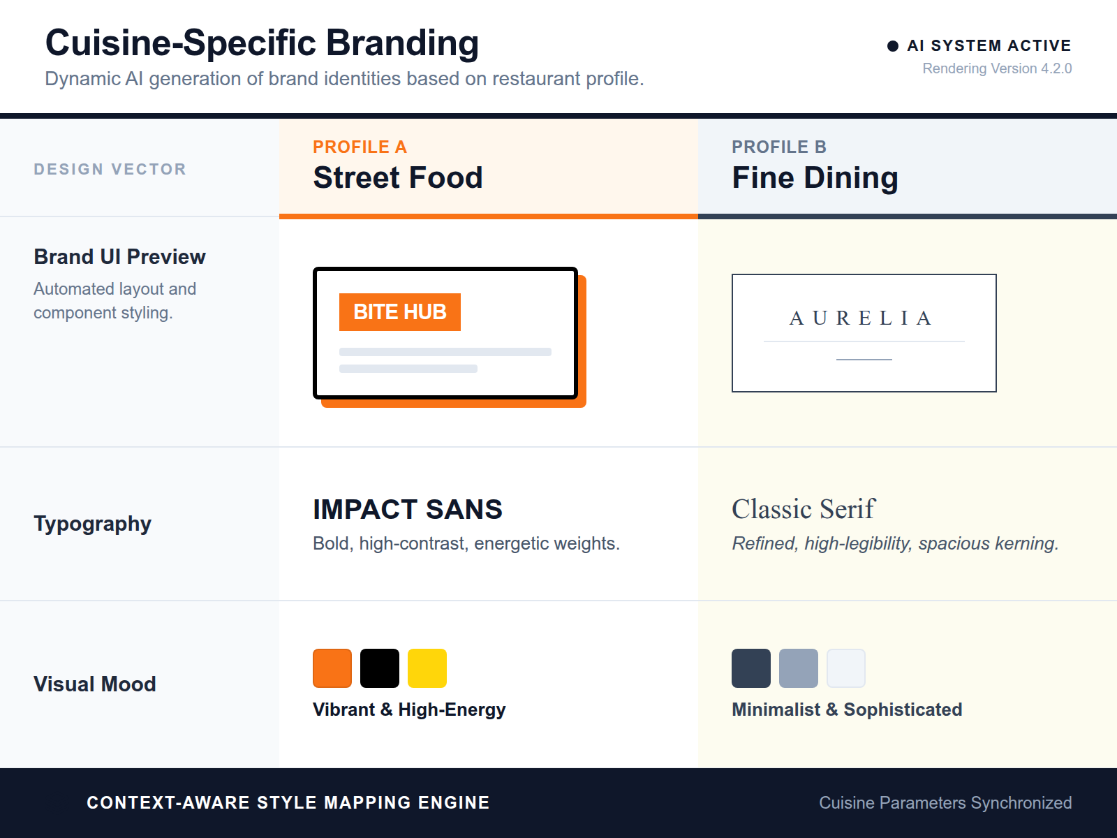 Comparison of two different menu styles: a bold, high-energy layout for street food and a refined, minimalist layout for fine dining.