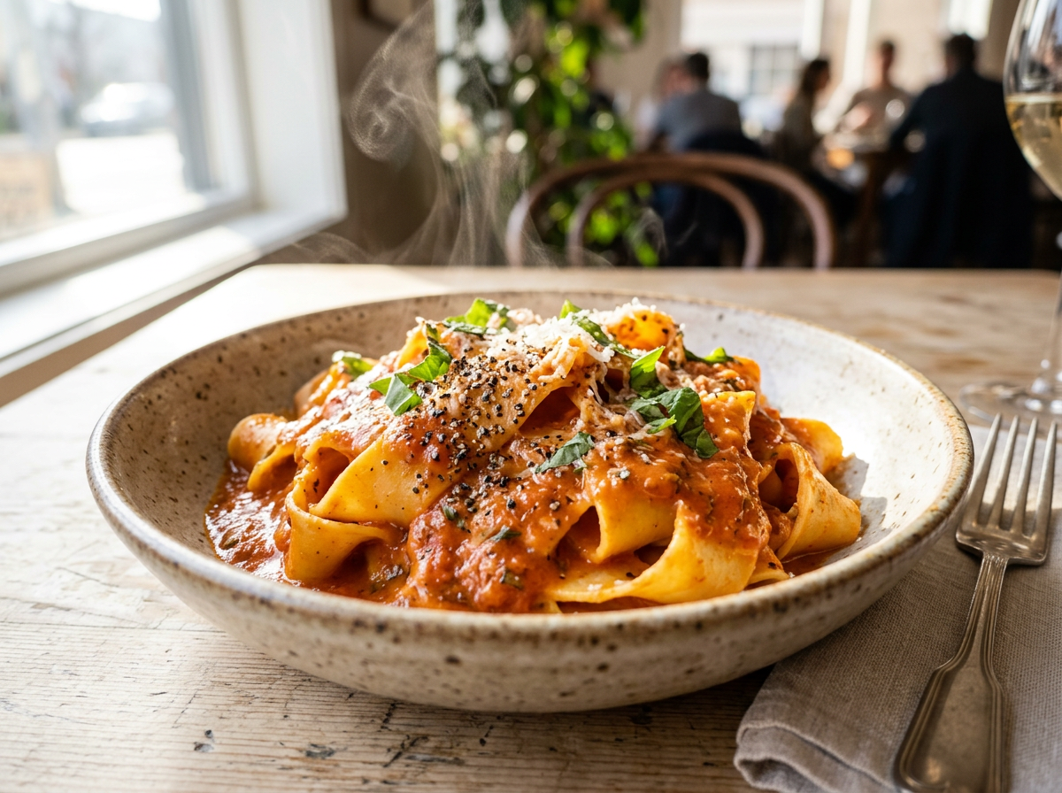 Close-up of a steaming pasta dish with rich textures, illustrating sensory-focused copywriting.