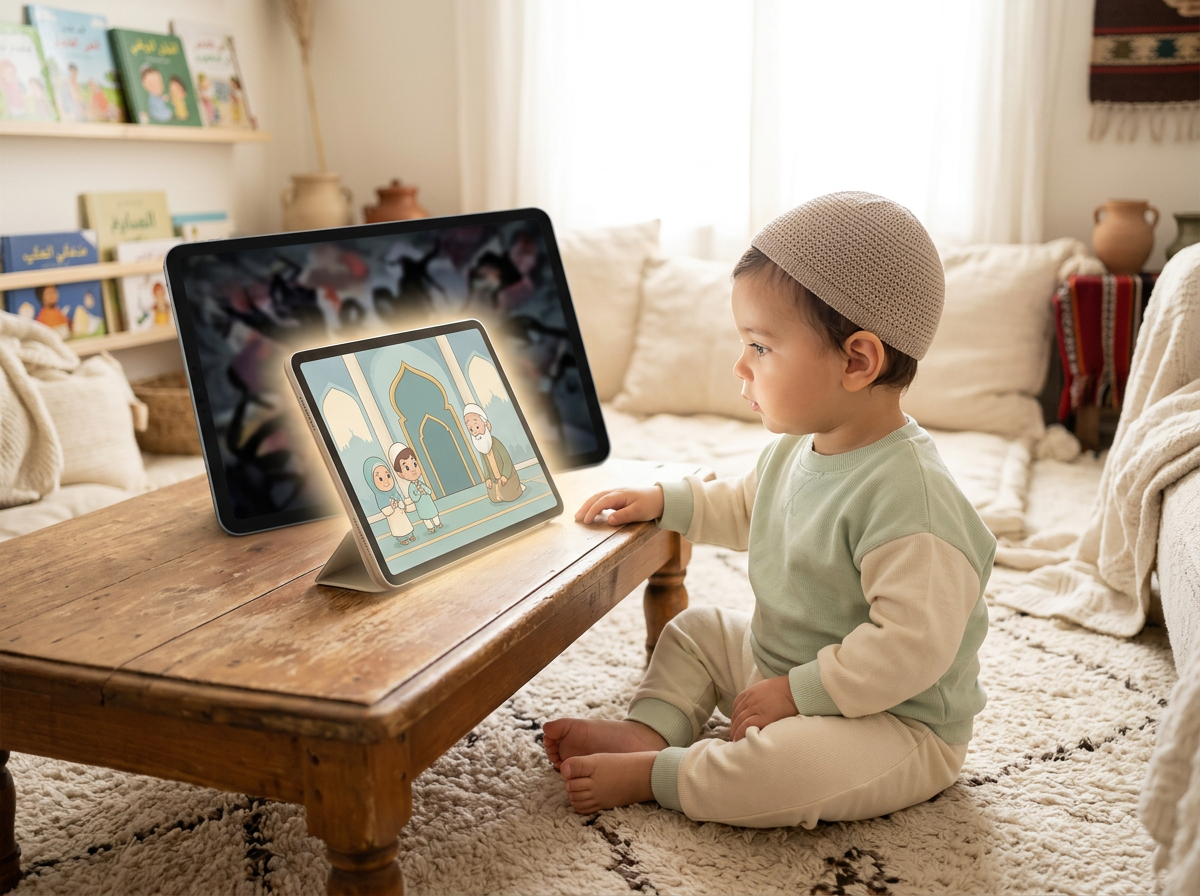 A toddler interacting with a religious video on a tablet, illustrating the 'Halal Halo' concept where the religious title masks the underlying platform environment.