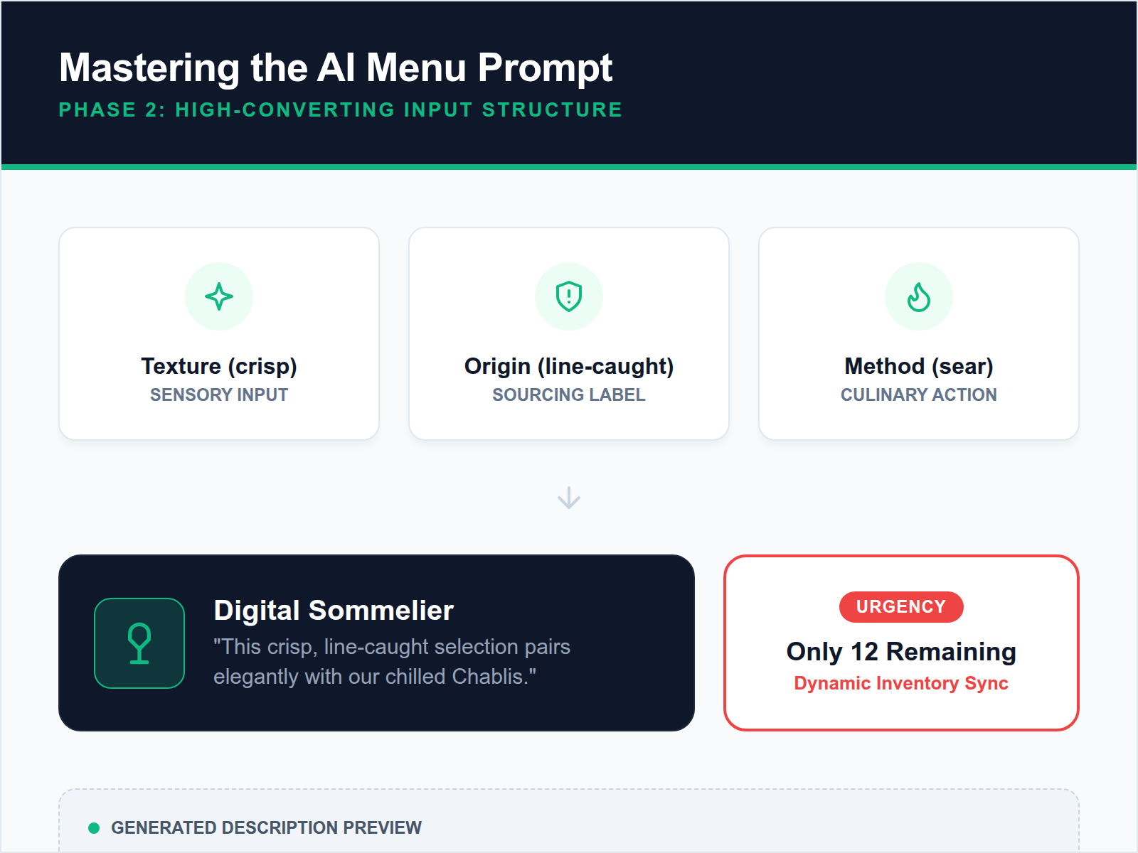 An infographic breaking down the elements of an AI menu description prompt including sensory details, wine pairings, and scarcity triggers.