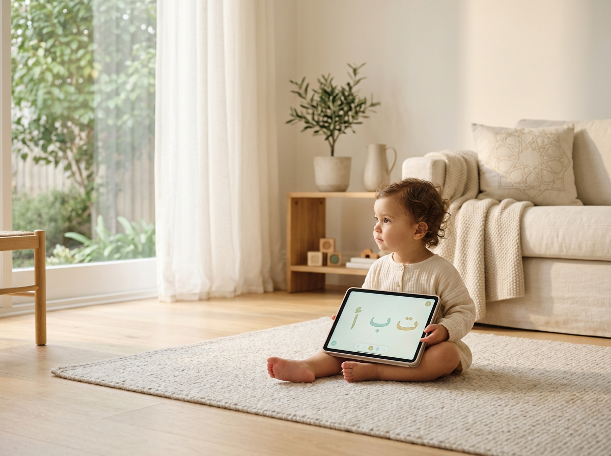 A toddler engaging with calm, educational Islamic content in a serene and minimalist home setting.