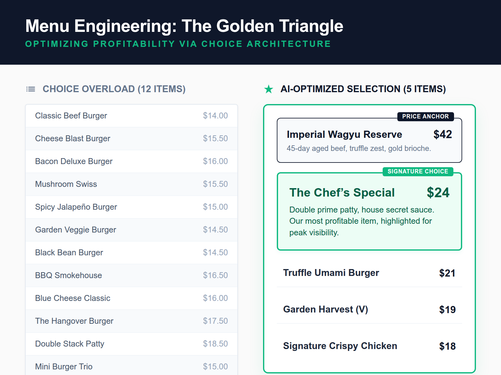 Comparison table showing a cluttered menu vs. an AI-engineered menu using the Anchor Effect and limited choices to drive profit.