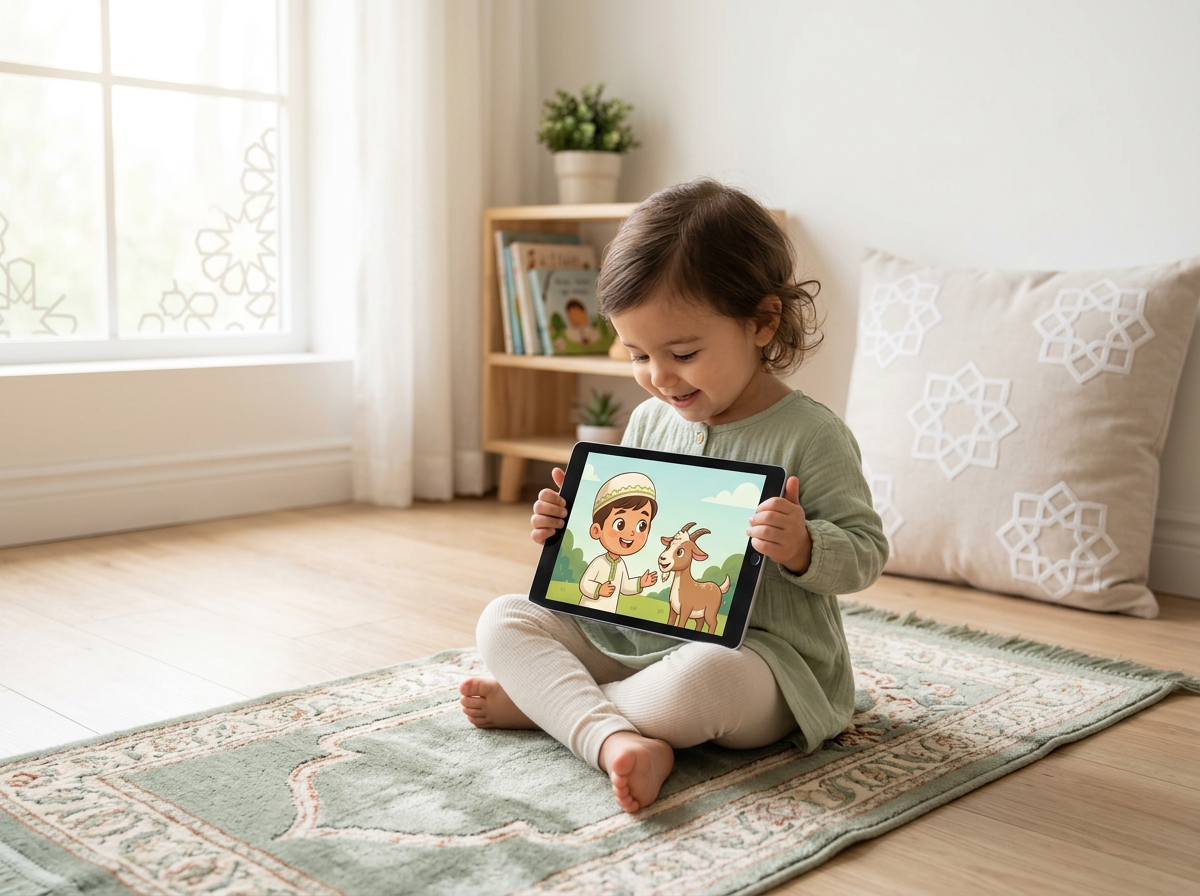 A child using an Islamic learning app in a calm, spiritually tranquil home environment.