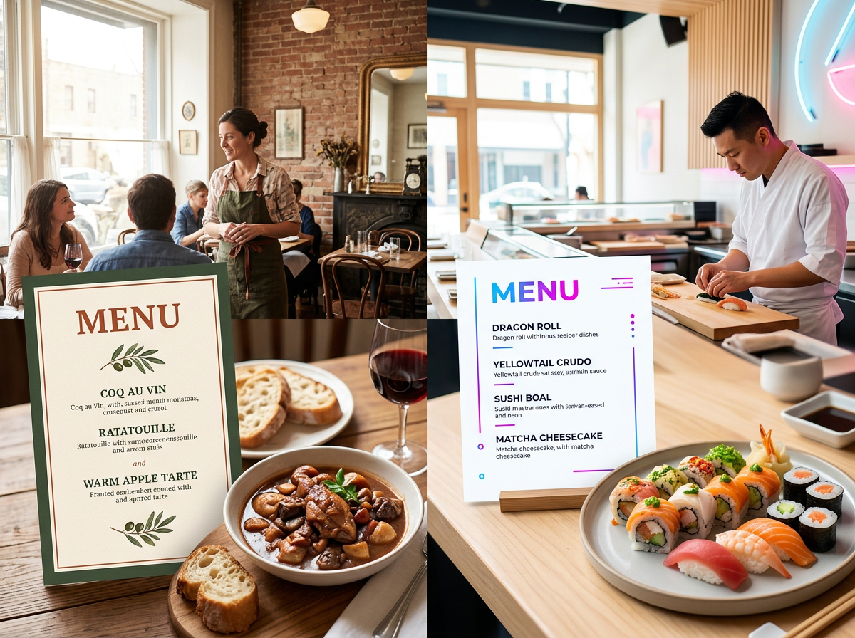 A conceptual split-screen image showing how AI adapts menu designs to match different restaurant styles, from rustic bistros to modern sushi bars.