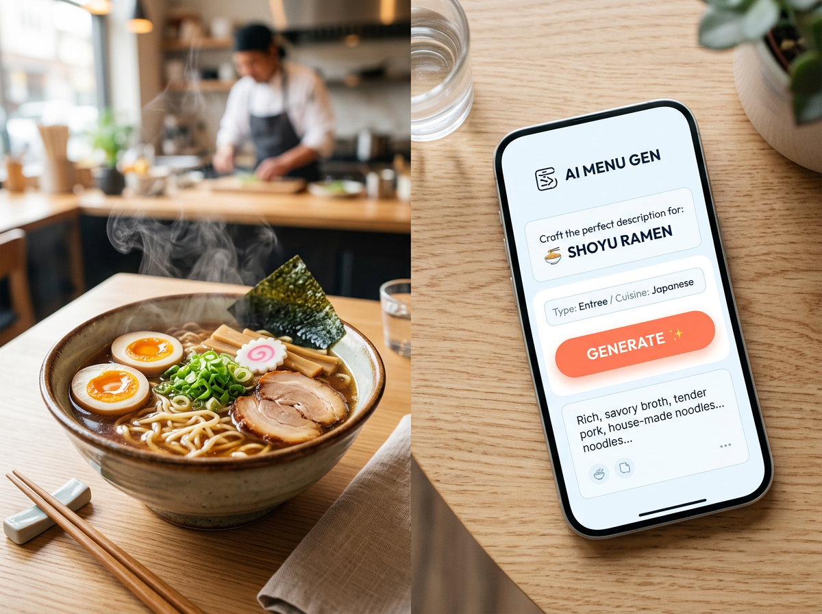 A high-energy conceptual image blending a fresh bowl of ramen with a modern AI menu generator interface.