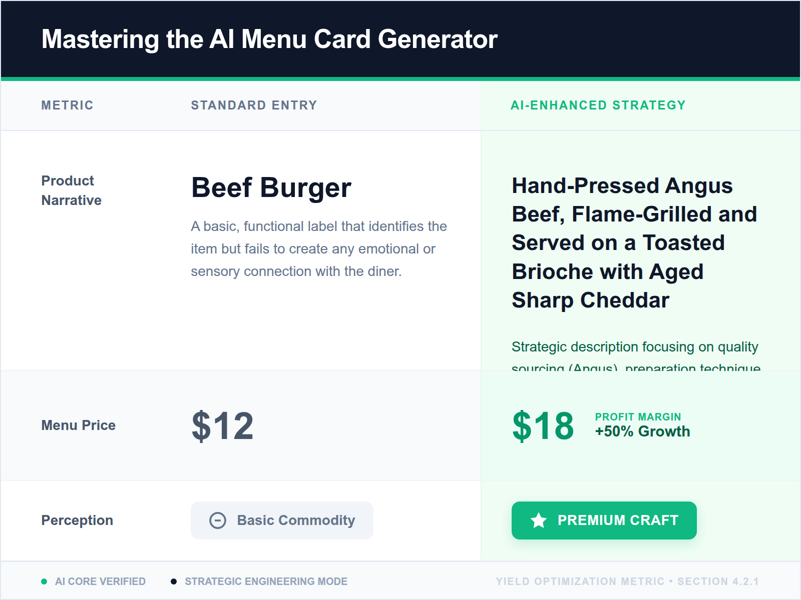 A comparison table showing how AI transforms simple food names into sensory, premium descriptions that justify higher price points.