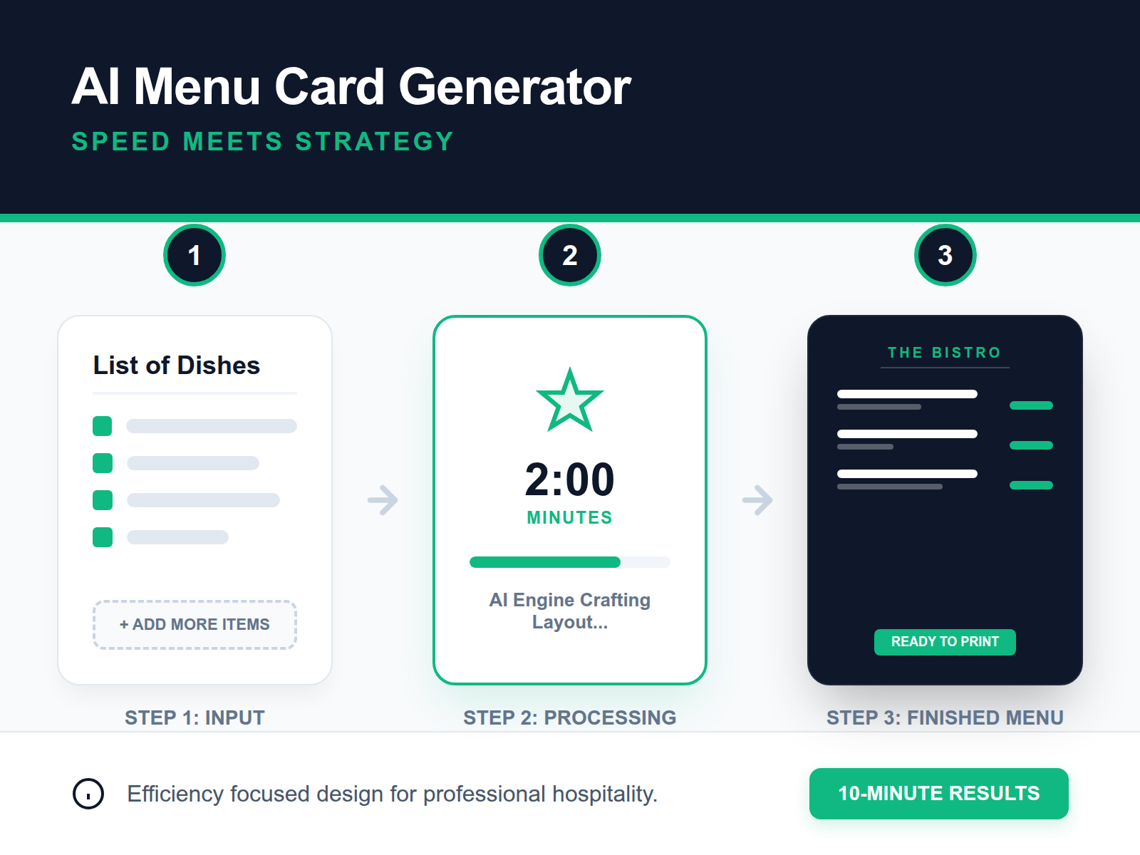 A step-by-step diagram showing the 2-minute process from raw text input to a finished menu design using an AI generator.