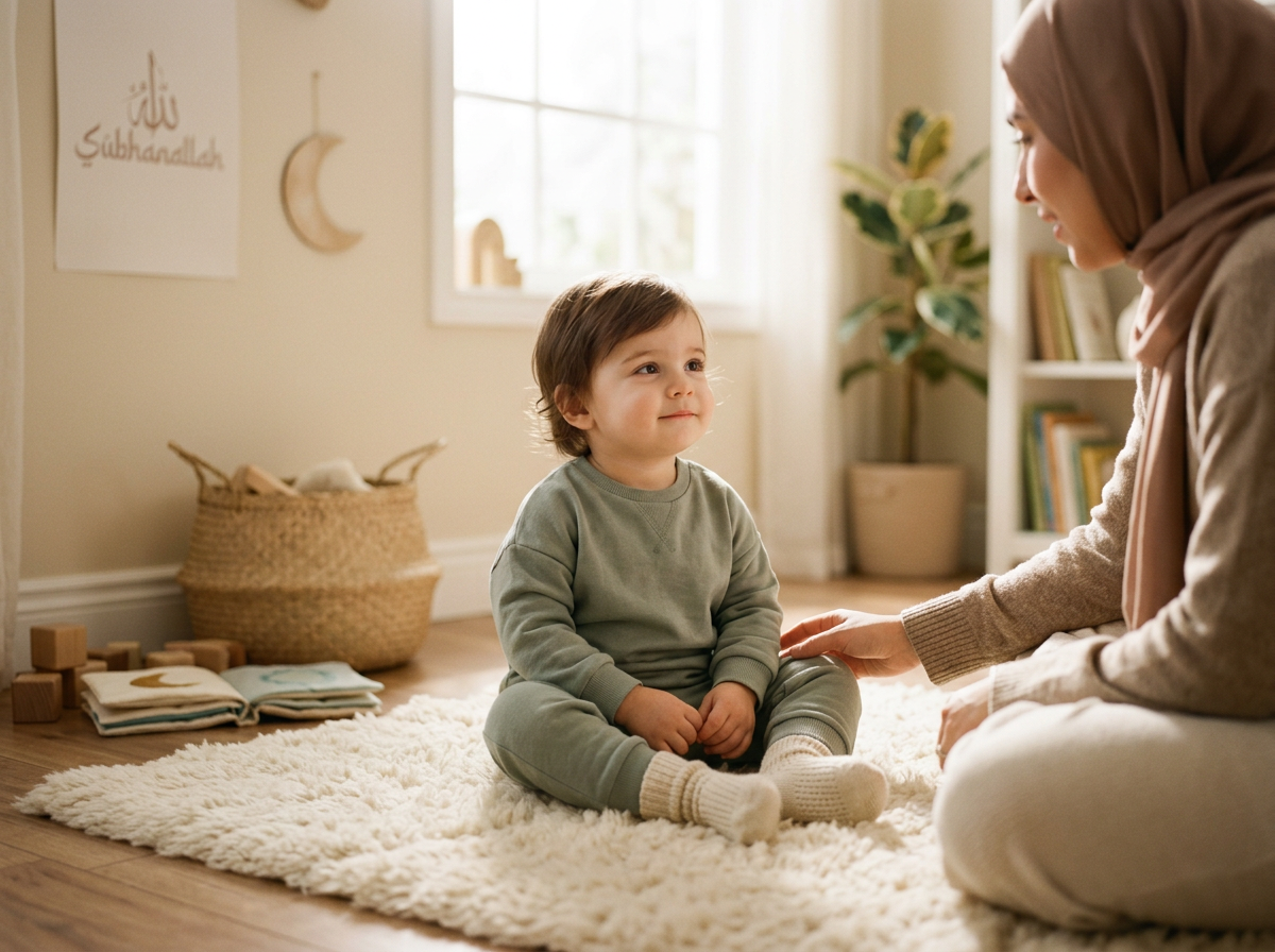 A serene lifestyle photo of a toddler in a minimalist, peaceful home environment, embodying the 'Sonic Sanctuary' concept.
