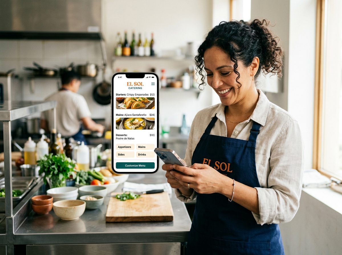 A restaurant owner holding a smartphone that displays a professional and responsive digital menu.