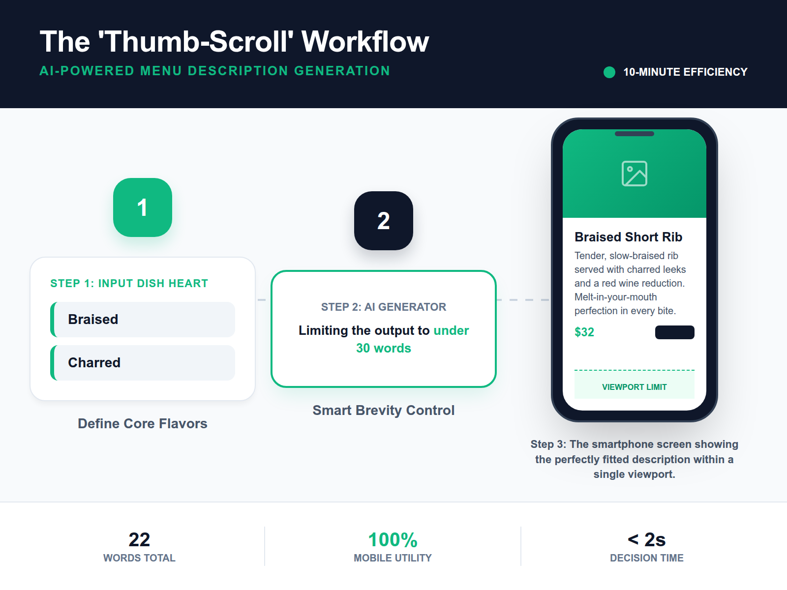 A three-step diagram illustrating the process of generating concise, mobile-friendly menu descriptions under a 30-word limit.