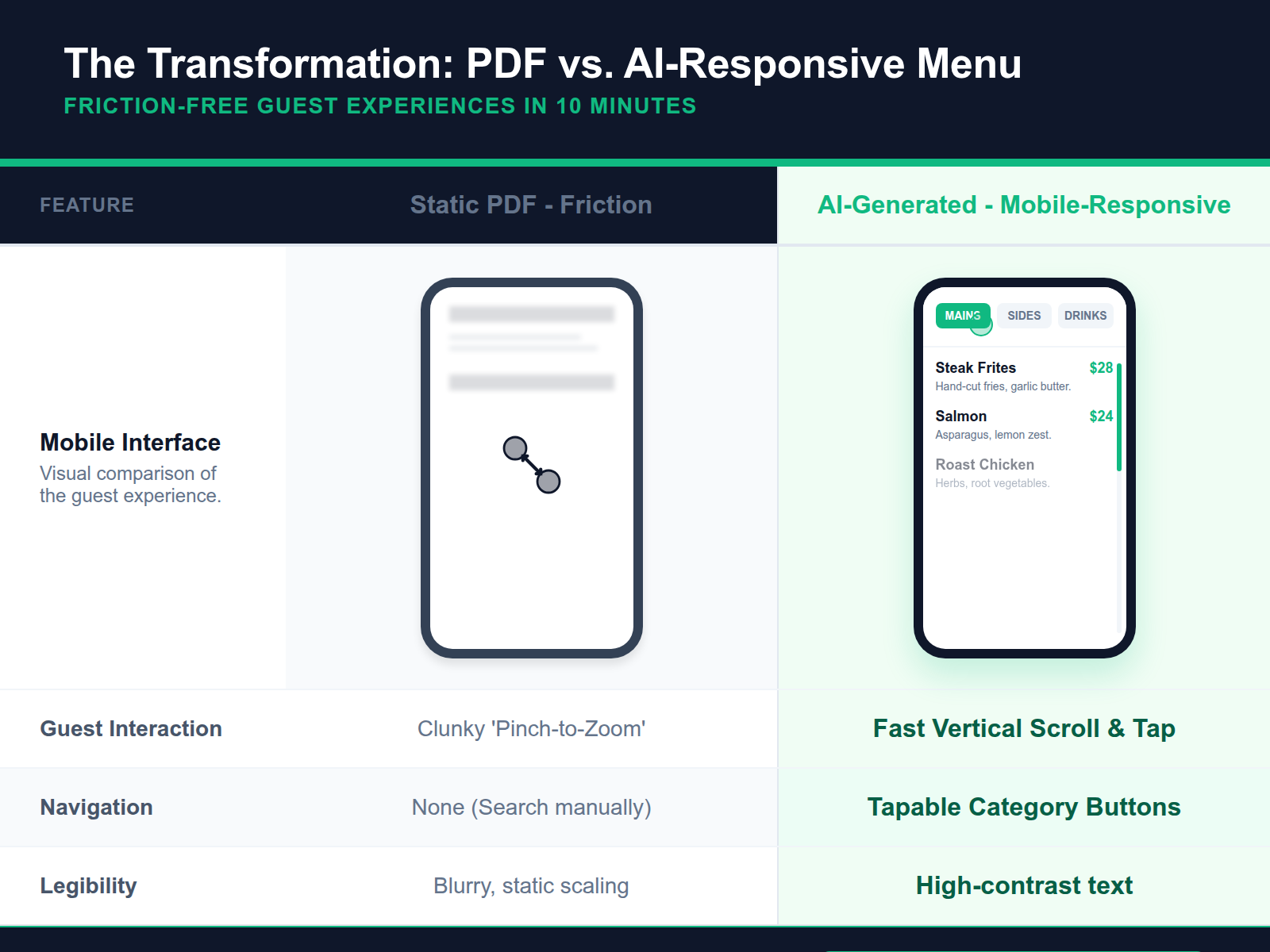 A comparison showing the difficulty of reading a static PDF menu on mobile versus the ease of a mobile-optimized digital menu.