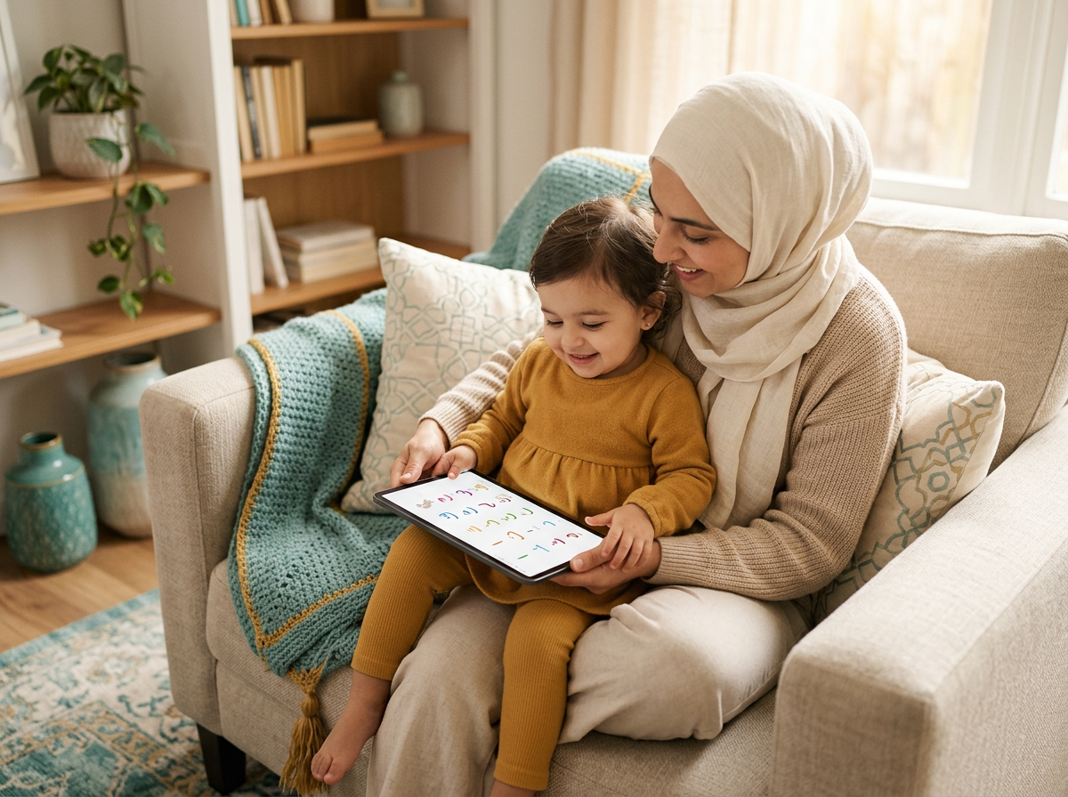 A calm, minimalist lifestyle scene of a mother and toddler in a peaceful home setting, focusing on a screen with gentle Arabic educational content.