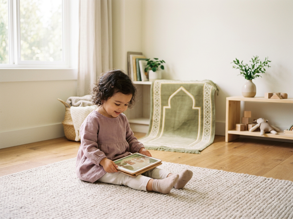 A toddler in a peaceful home environment engaging with a safe, Halal digital platform, reflecting the concept of a digital sanctuary.
