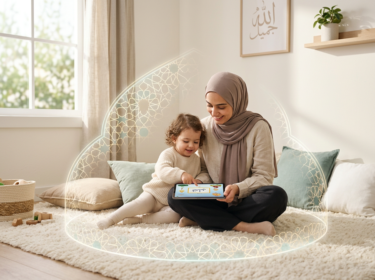 A peaceful scene of a mother and toddler in a sunlit room, with a subtle digital pattern suggesting a safe, curated content sanctuary.