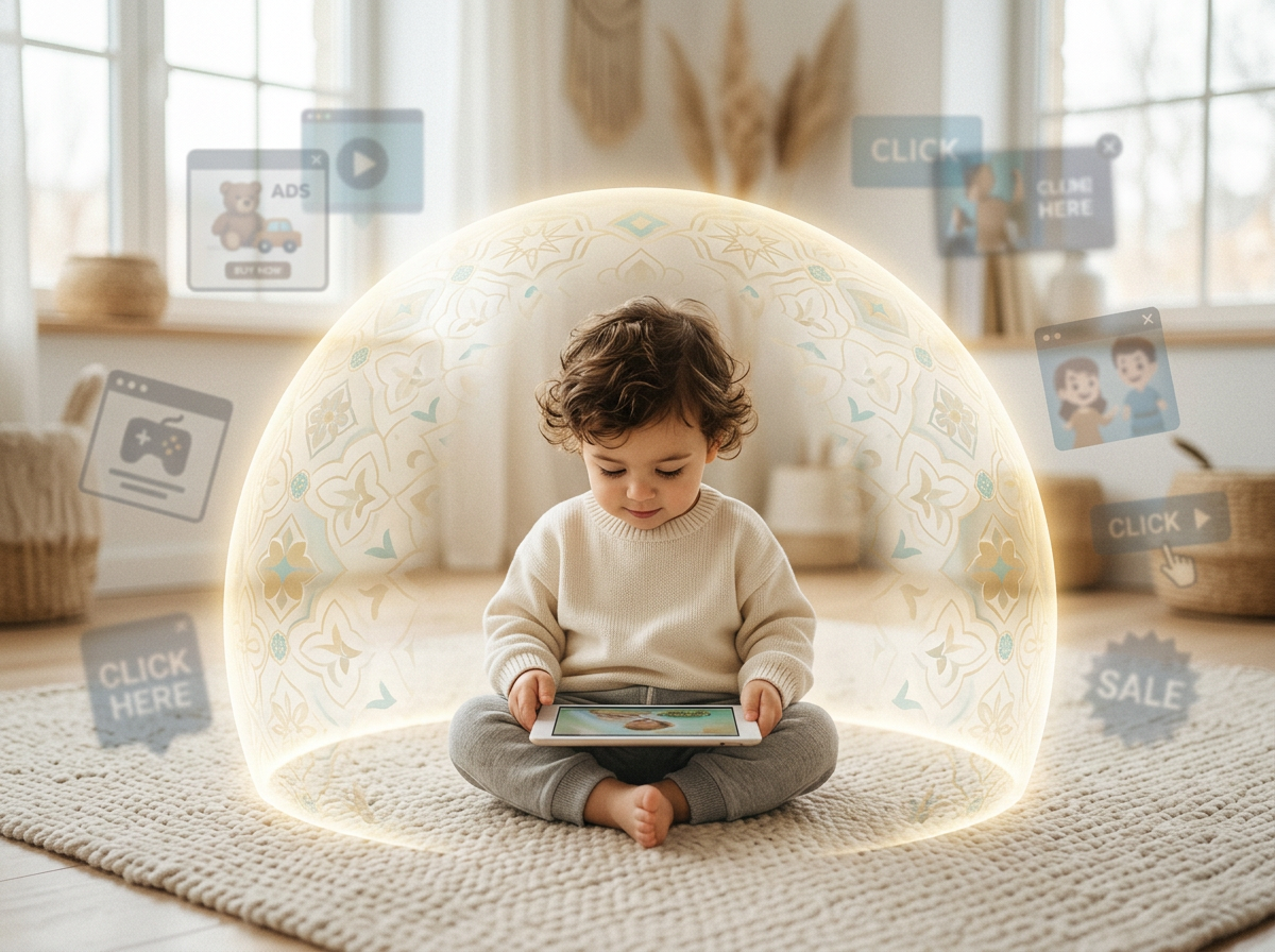 A conceptual representation of a child protected by a digital sanctuary shield from secular marketing and ads.