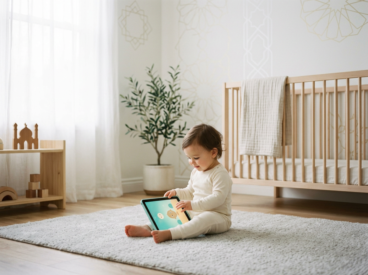 A peaceful, minimalist scene of a toddler in a 'sensory-safe' digital environment, emphasizing a calm and halal atmosphere.