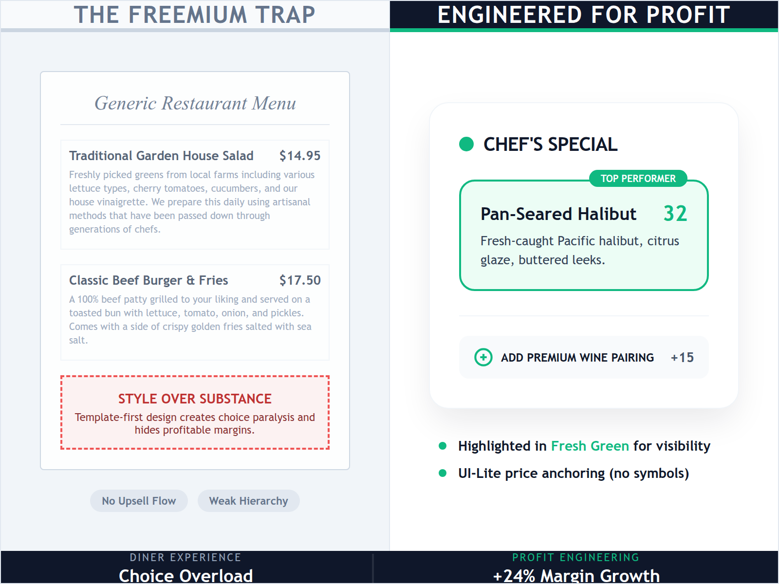 A comparison table showing the difference between a generic 'digital scrapbook' menu and a strategic, profit-engineered AI menu.