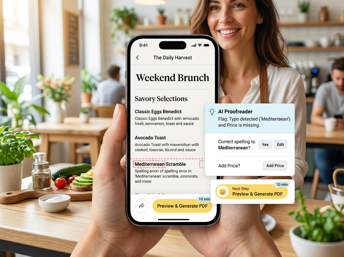Close-up of a mobile app interface highlighting a typo on a digital menu draft.