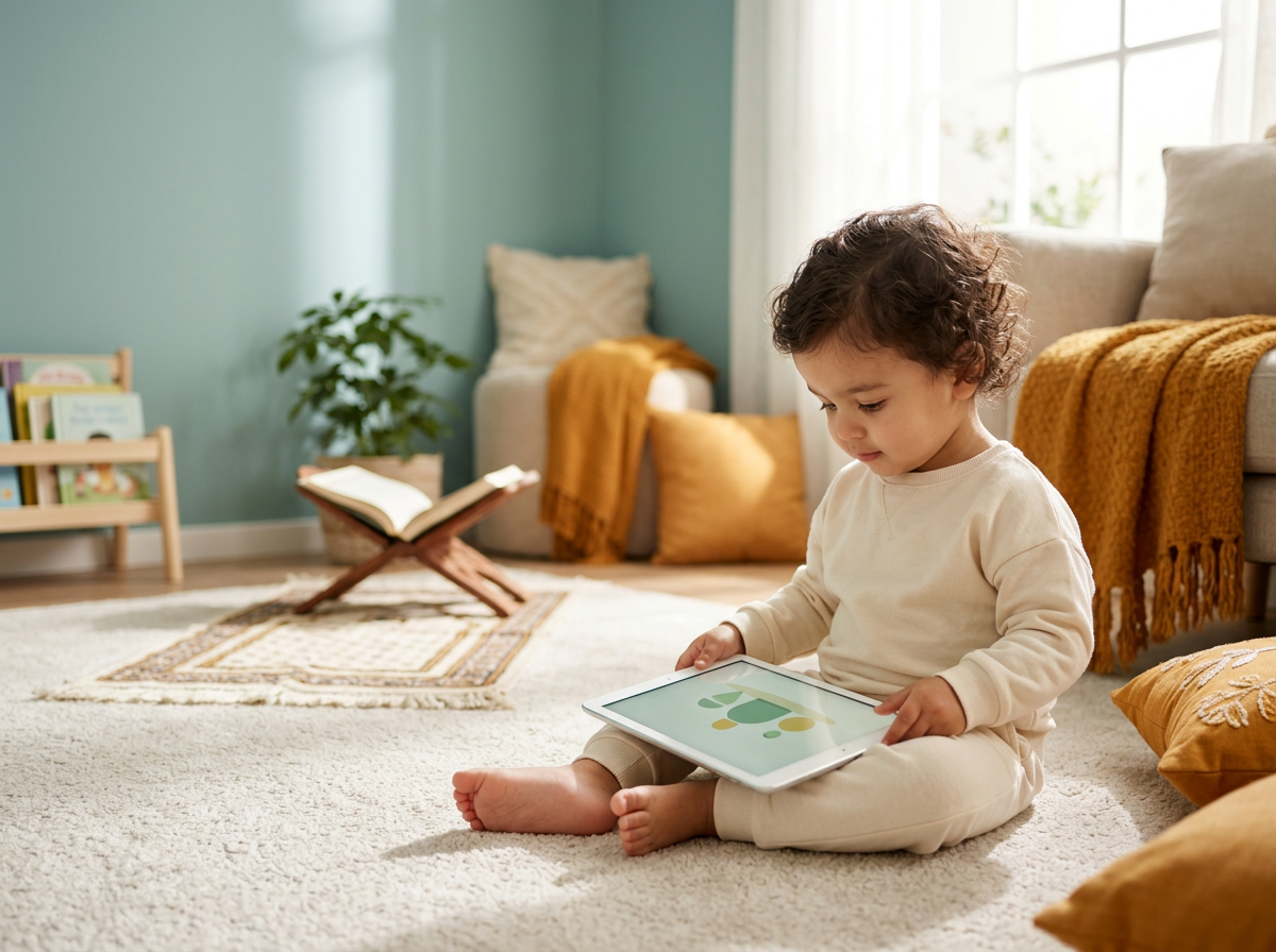A toddler in a serene home environment, demonstrating the calm focus developed through slow-paced digital content.